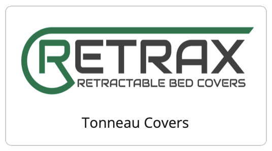 Logo for Retrax, a brand of retractable tonneau bed covers; green and gray text.