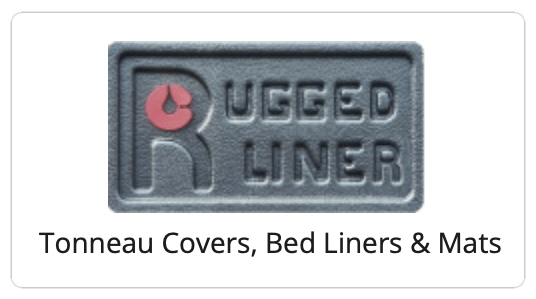 Rugged Liner logo with red accent on a black rectangle, text: Tonneau Covers, Bed Liners & Mats.