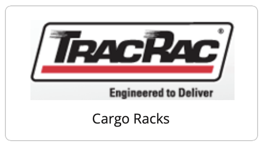 TracRac logo with cargo rack description. Black, white, and red rectangular logo; tagline: 