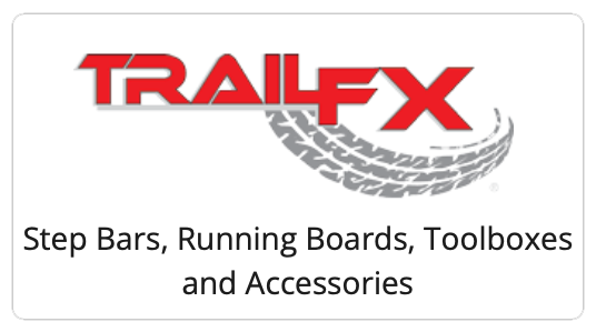 TrailFX logo with red text and tire track, lists step bars, toolboxes, and accessories.