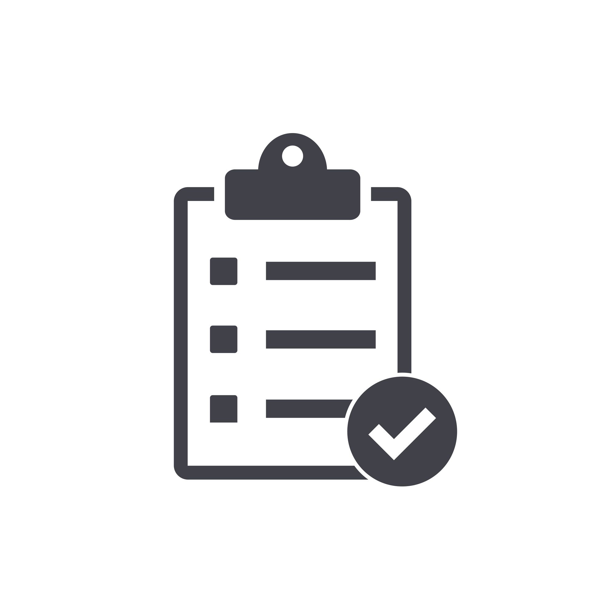 Checklist with check mark, dark gray on white background.