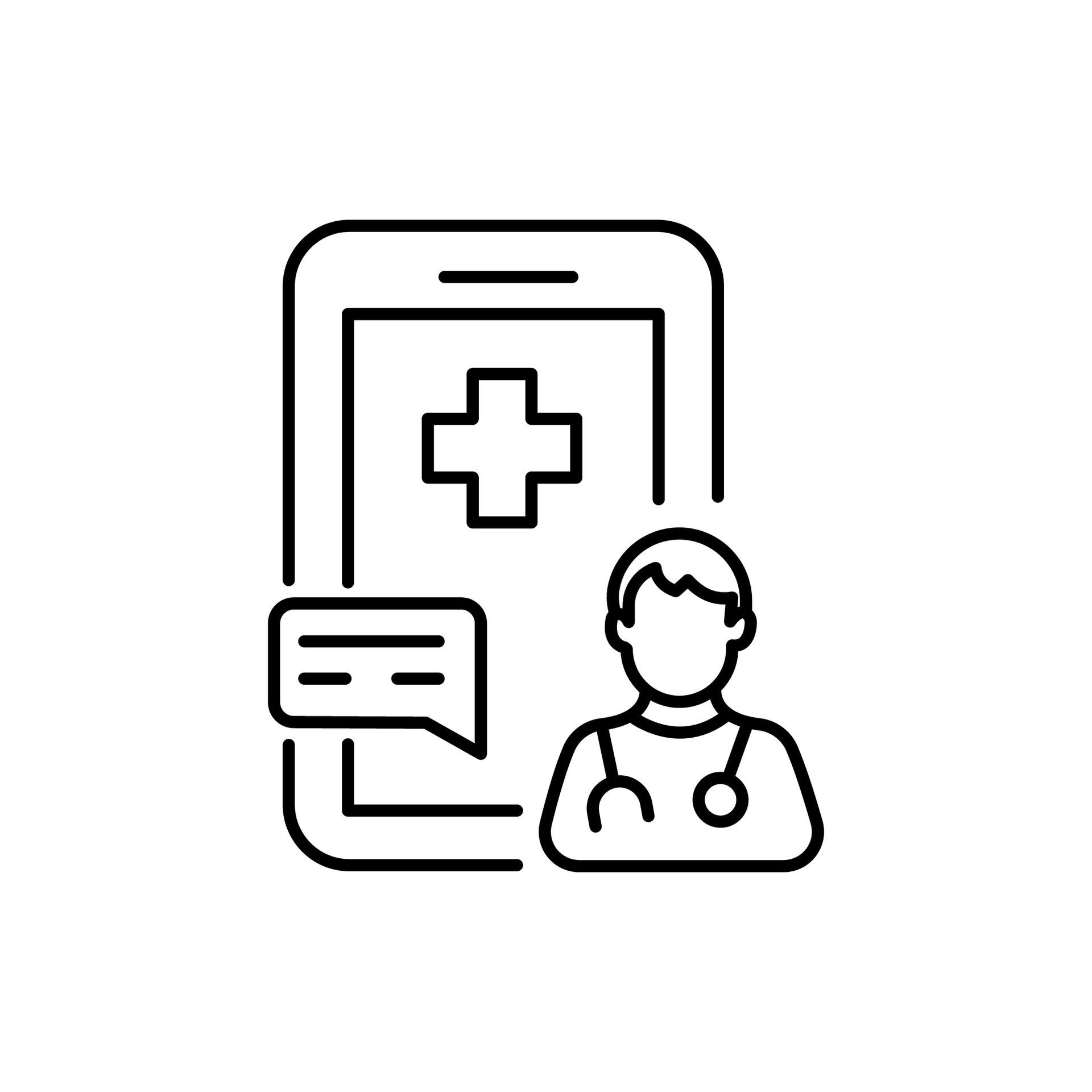 Telemedicine icon: phone with medical cross, chat bubble, and doctor with stethoscope.