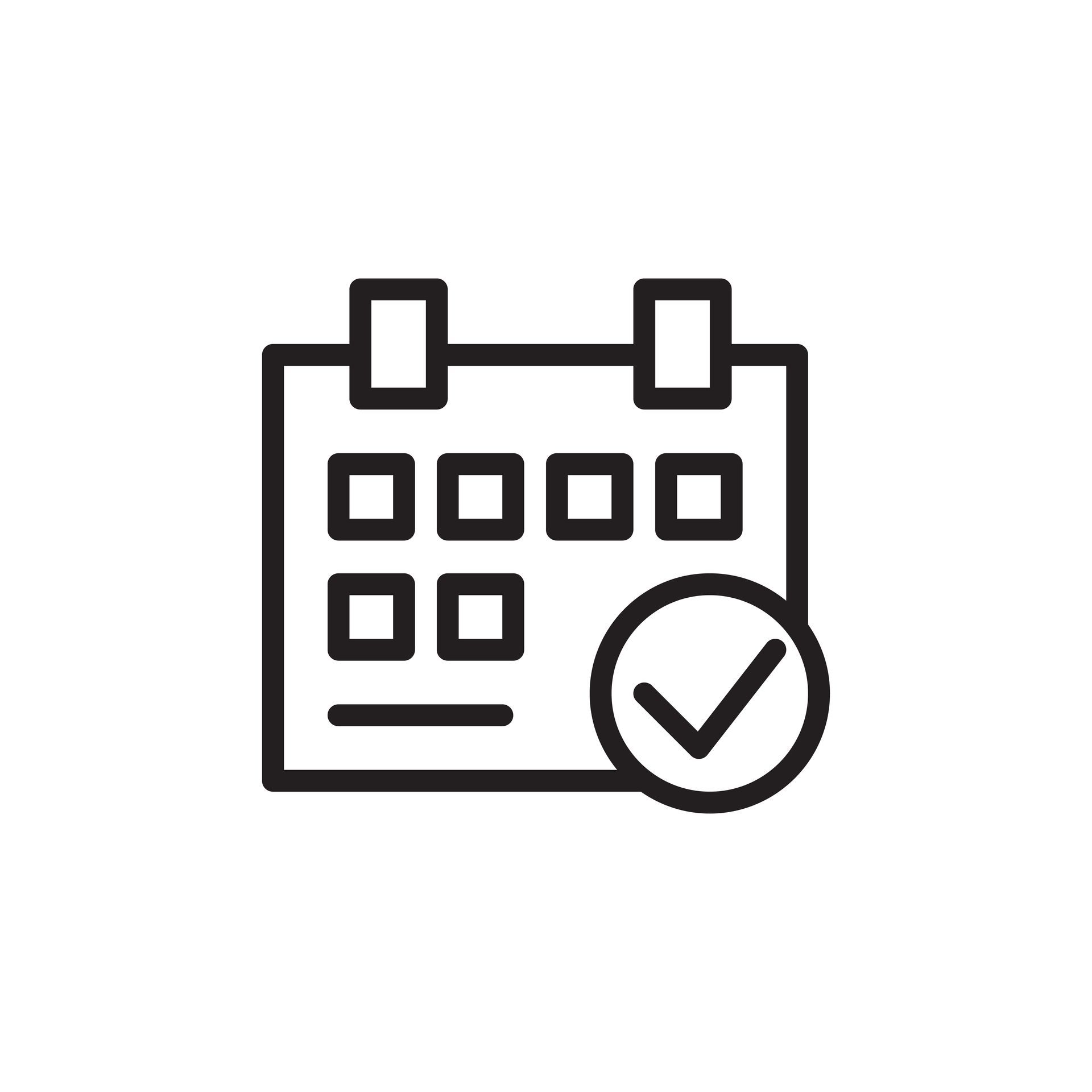 Calendar with a checkmark, indicating an event is scheduled or completed.