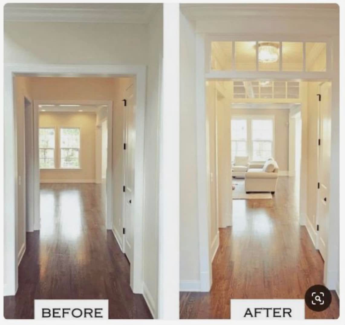 Before and after showing a hallway doorway remodeled with an added glass transom window.