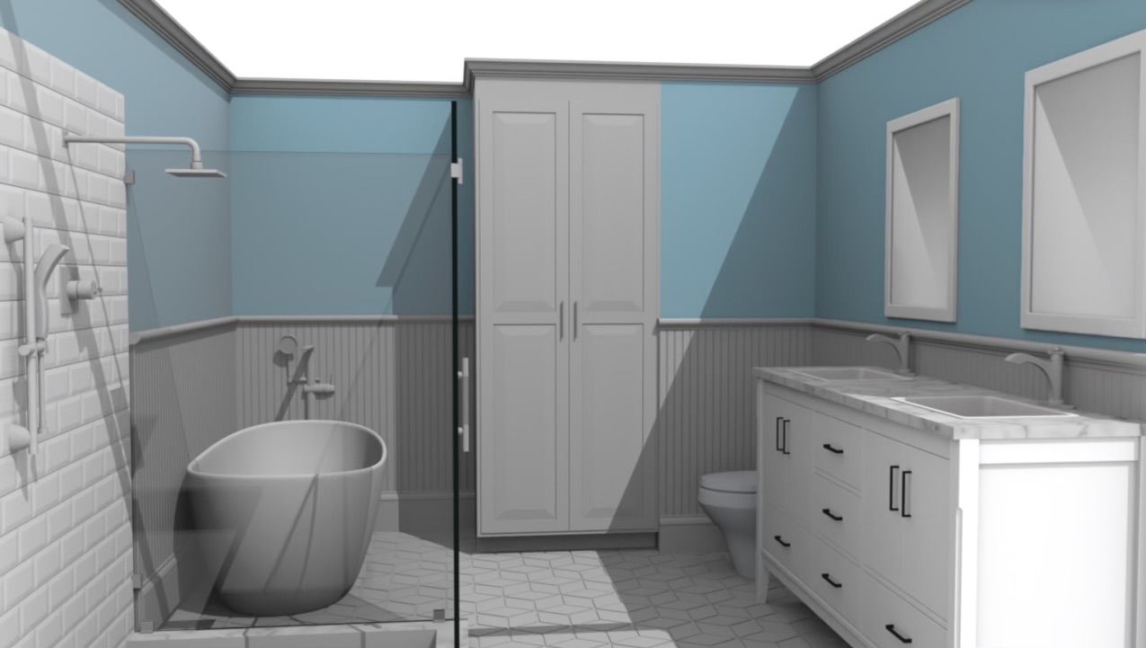A 3D render of a bathroom with blue walls, a white vanity, a tall cupboard, a toilet, and a freestanding tub in a shower.