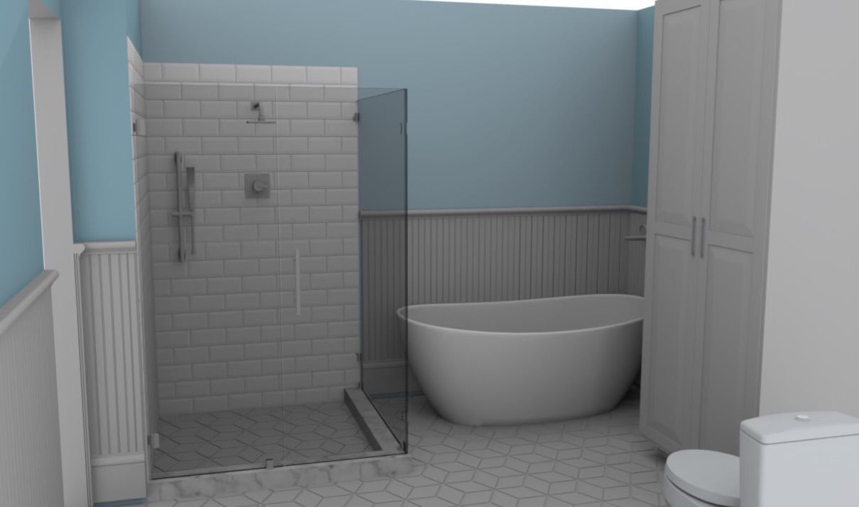 A 3D render of a bathroom with light blue walls, a walk-in shower with subway tiles, a freestanding tub, and a cabinet.