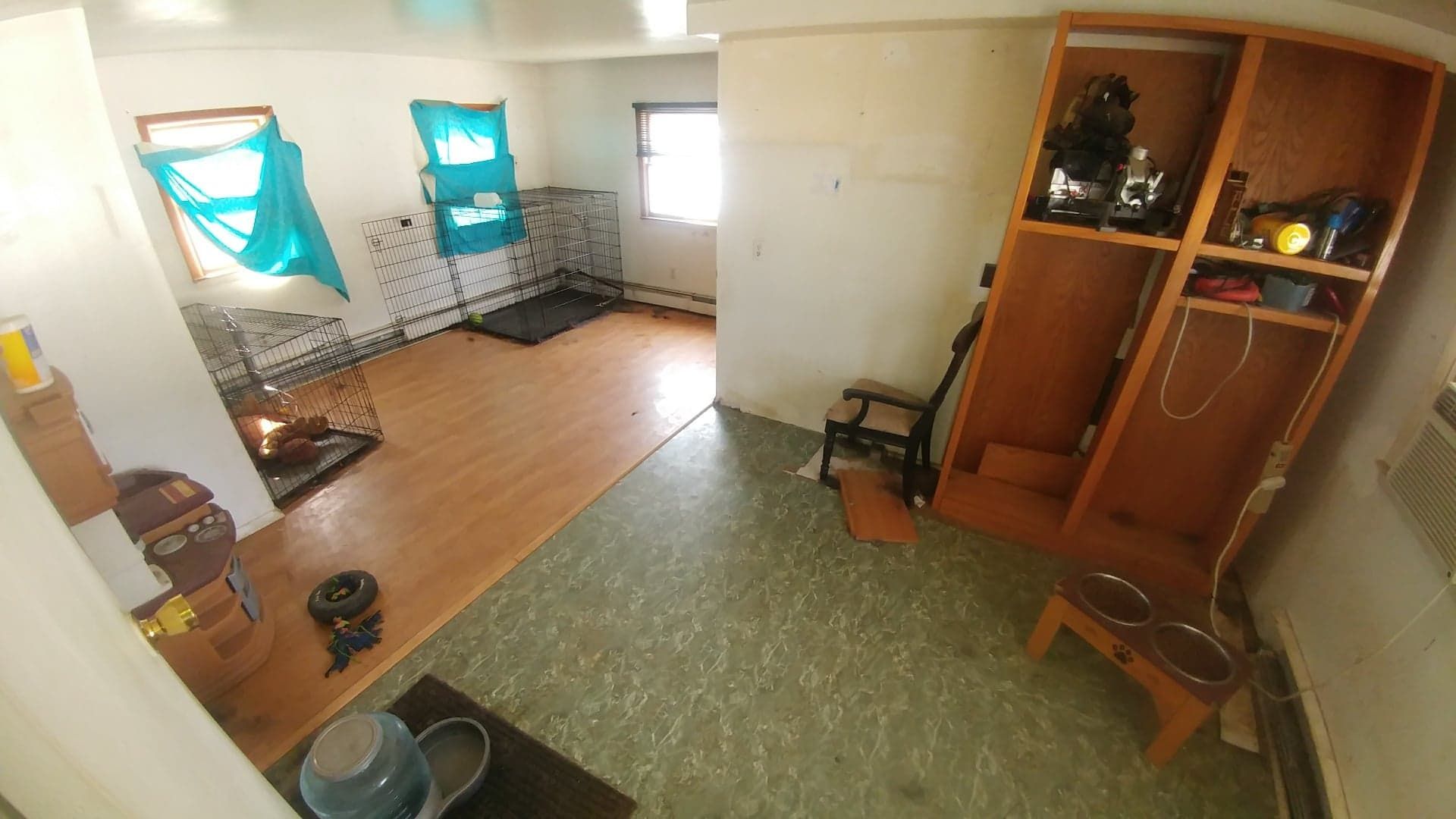 A wide shot of a room with hardwood and green patterned floors, featuring wire pet crates, a large wooden unit, and bowls.