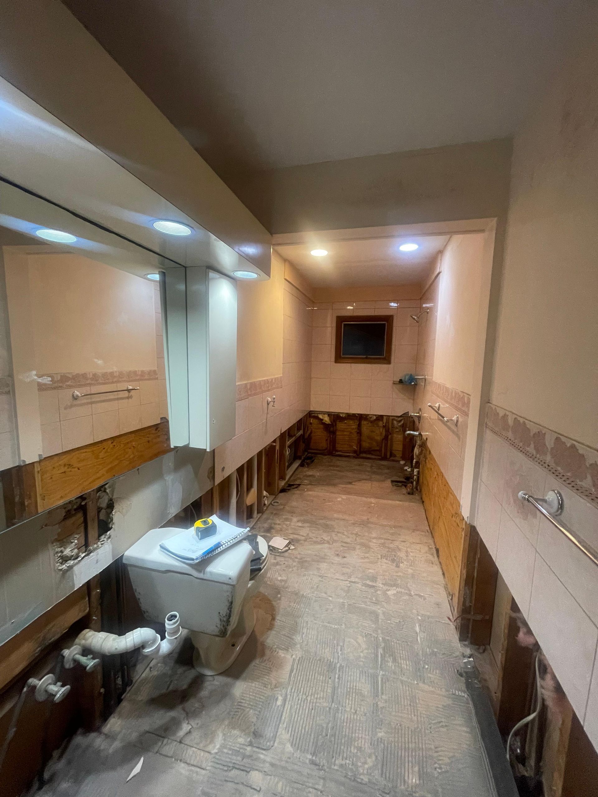A bathroom interior under renovation with exposed wall studs, removed vanity, a toilet, and debris on the floor.