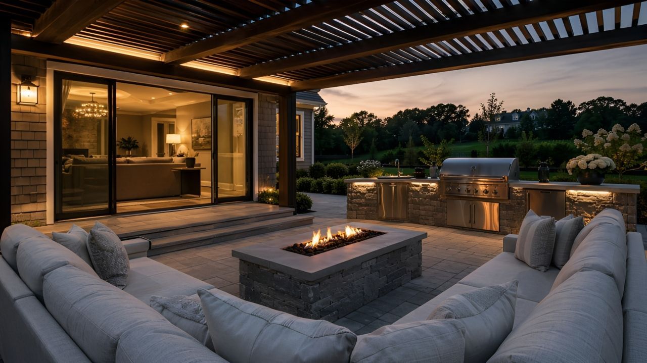Modern patio with cushioned seating around a fire pit, outdoor kitchen, and warm sunset lighting.