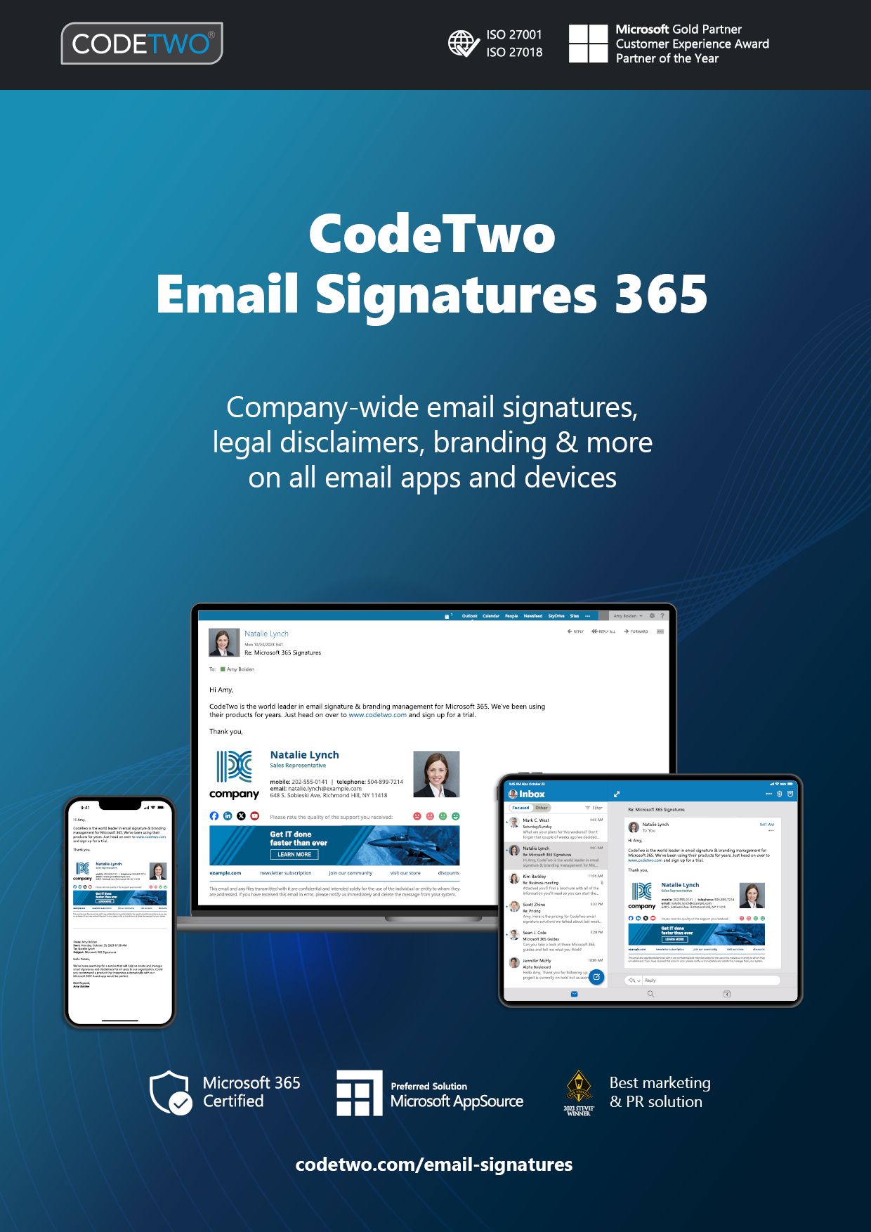 Promotional graphic for CodeTwo Email Signatures 365, showing email signatures on a smartphone, laptop, and tablet.