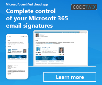 CodeTwo advertisement showing a mobile phone and laptop displaying professional Microsoft 365 email signatures.