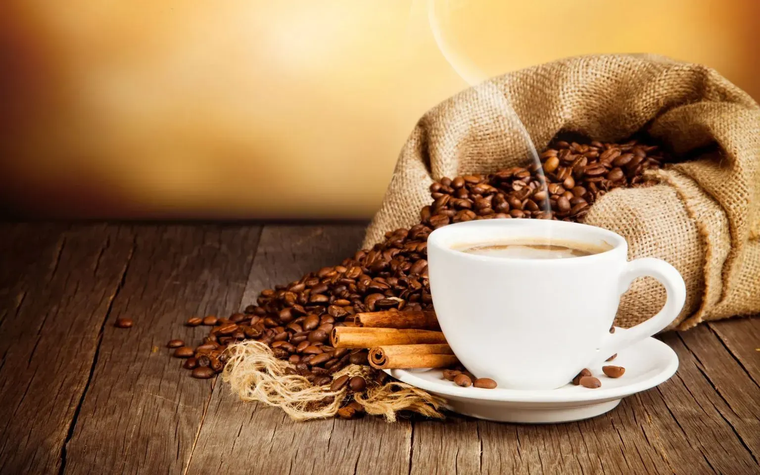 White coffee cup on saucer with cinnamon sticks and coffee beans on a rustic wooden table