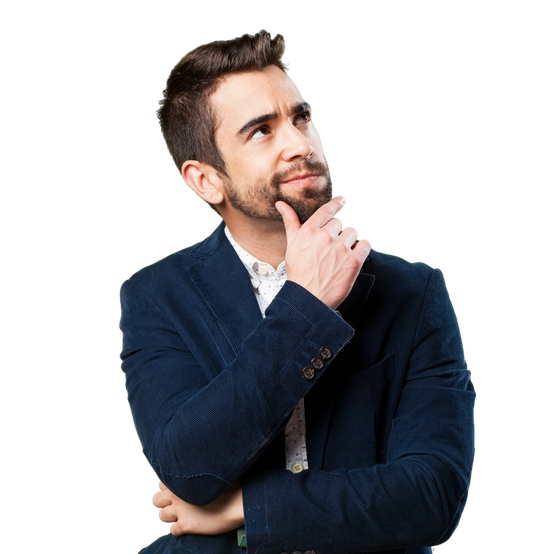 Man in a dark blazer with hand on chin, looking upward thoughtfully on a white background