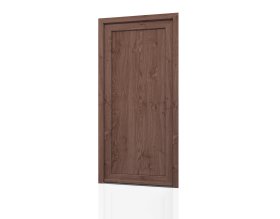 Una porta di legno con una cornice di legno su uno sfondo bianco.