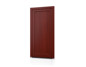 Una porta di legno è appoggiata su una superficie bianca.
