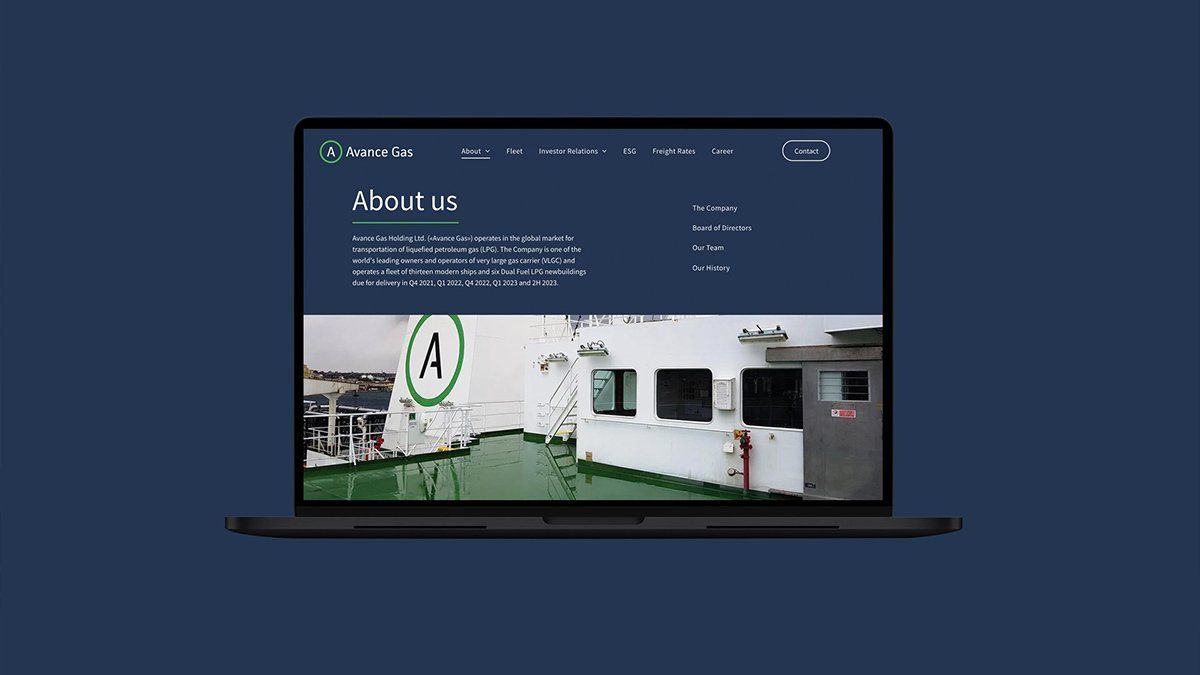 mockup av avance gas sin hjemmeside med mørk bakgrunn