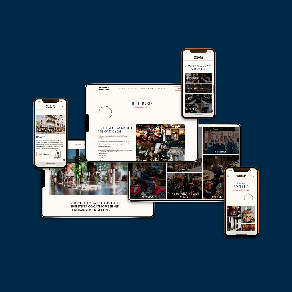 Mockups av Akershusgruppen sin nettside på mobil og nettbrett