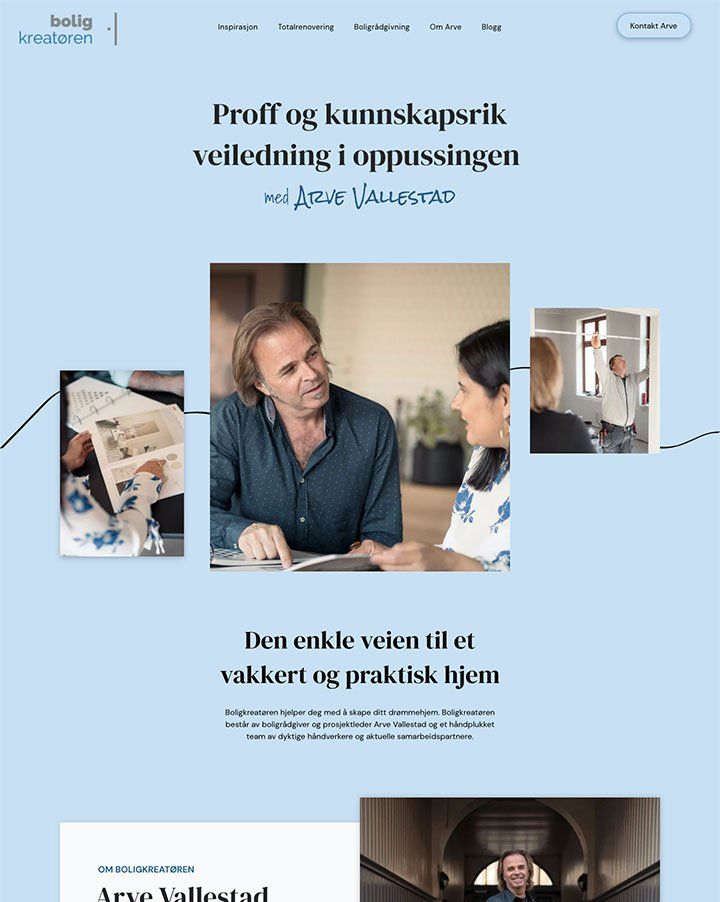 Nettside til Boligkreatøren Arve Vallestad laget av Oase Media