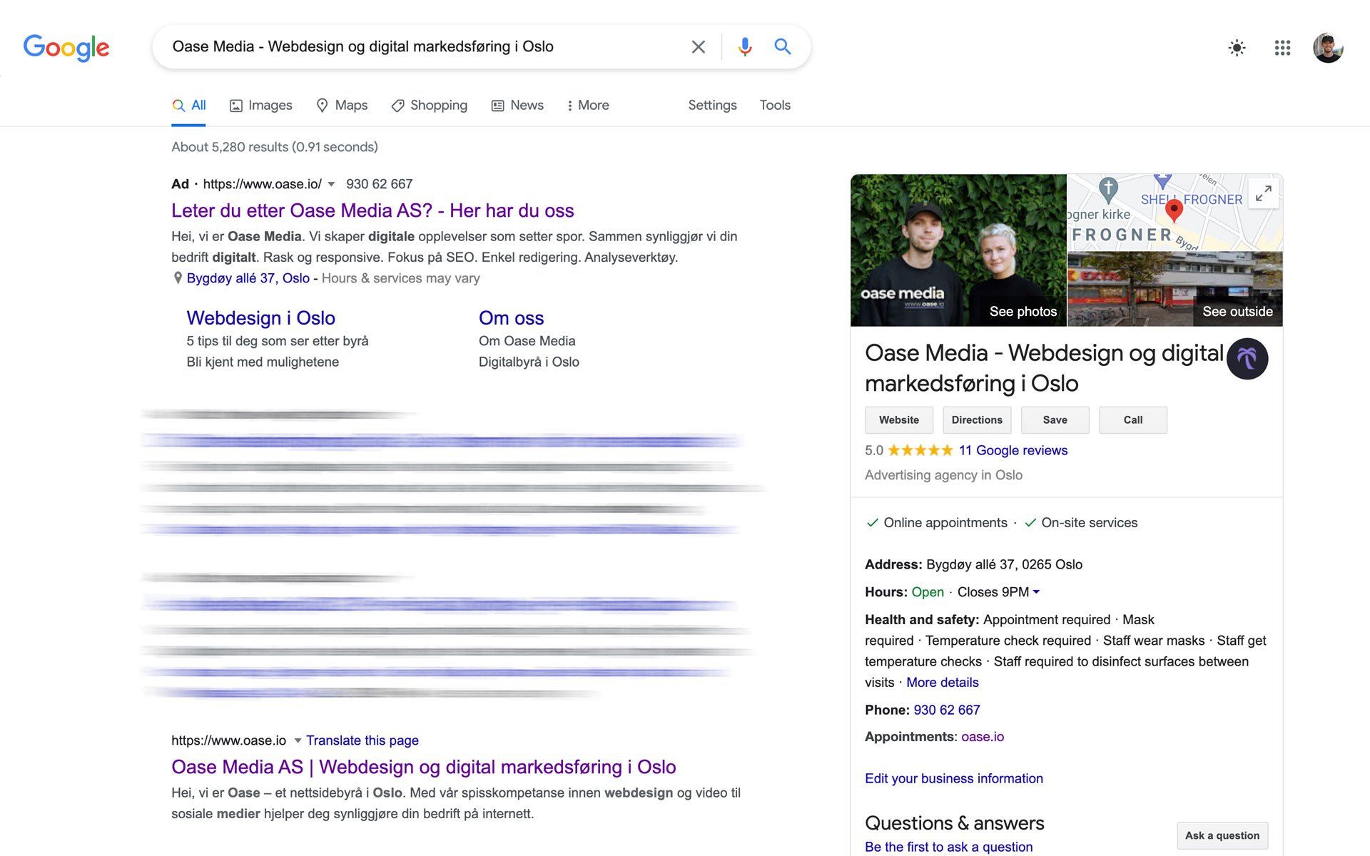 Skjermbilde av Google Min Bedrift siden til Oase Media