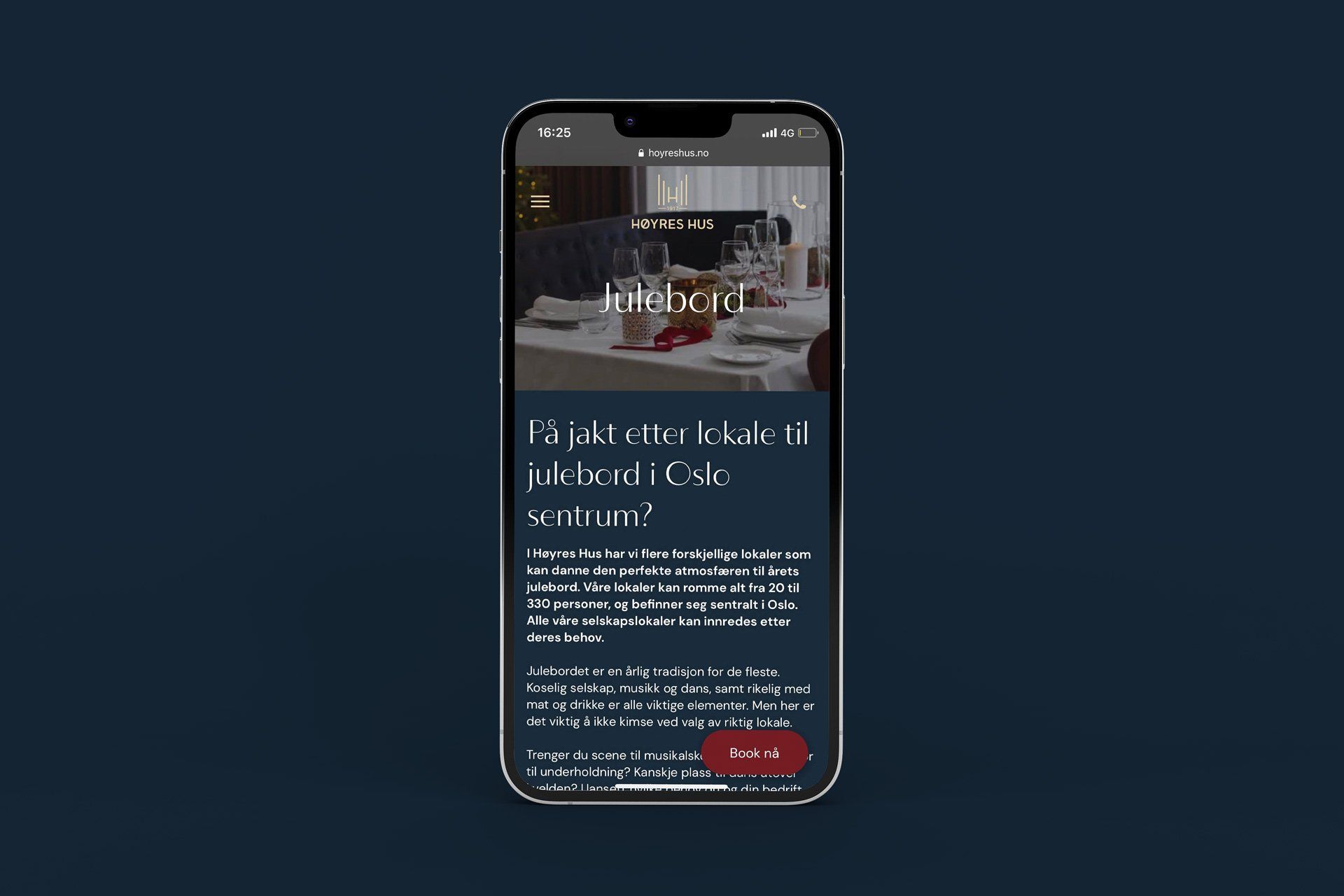 Illustrasjon av nettsiden til Høyres Hus, på en mobil-enhet.
