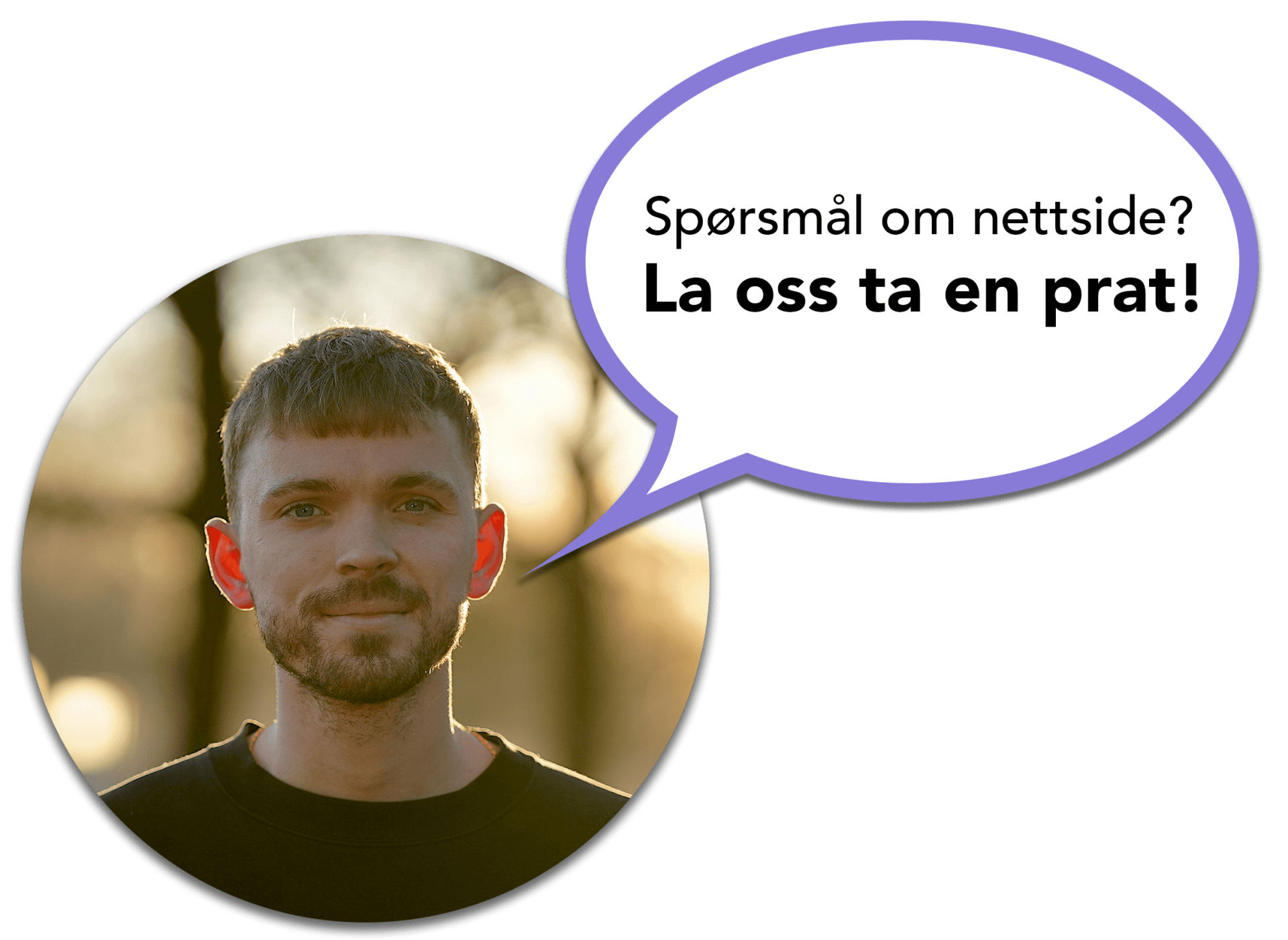 bilde av daglig leder oscar med en snakkebobble hvor det står