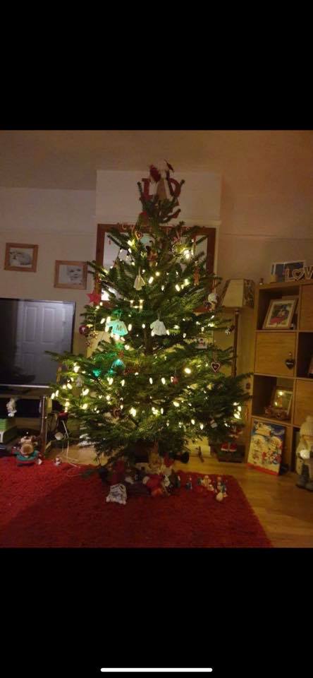 Christmas tree with ornaments and lights on a red rug, in a cozy living room setting.