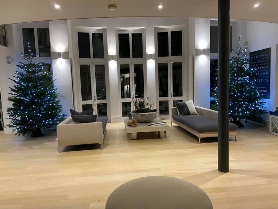 Living room decorated for Christmas with lit trees, modern furniture, and large windows.