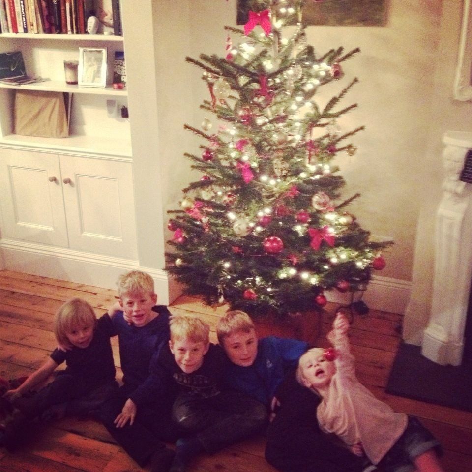 Five children sitting in front of a decorated Christmas tree with lights and ornaments.