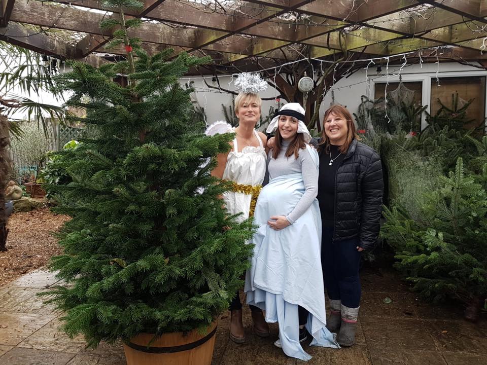 Three people pose by a Christmas tree;