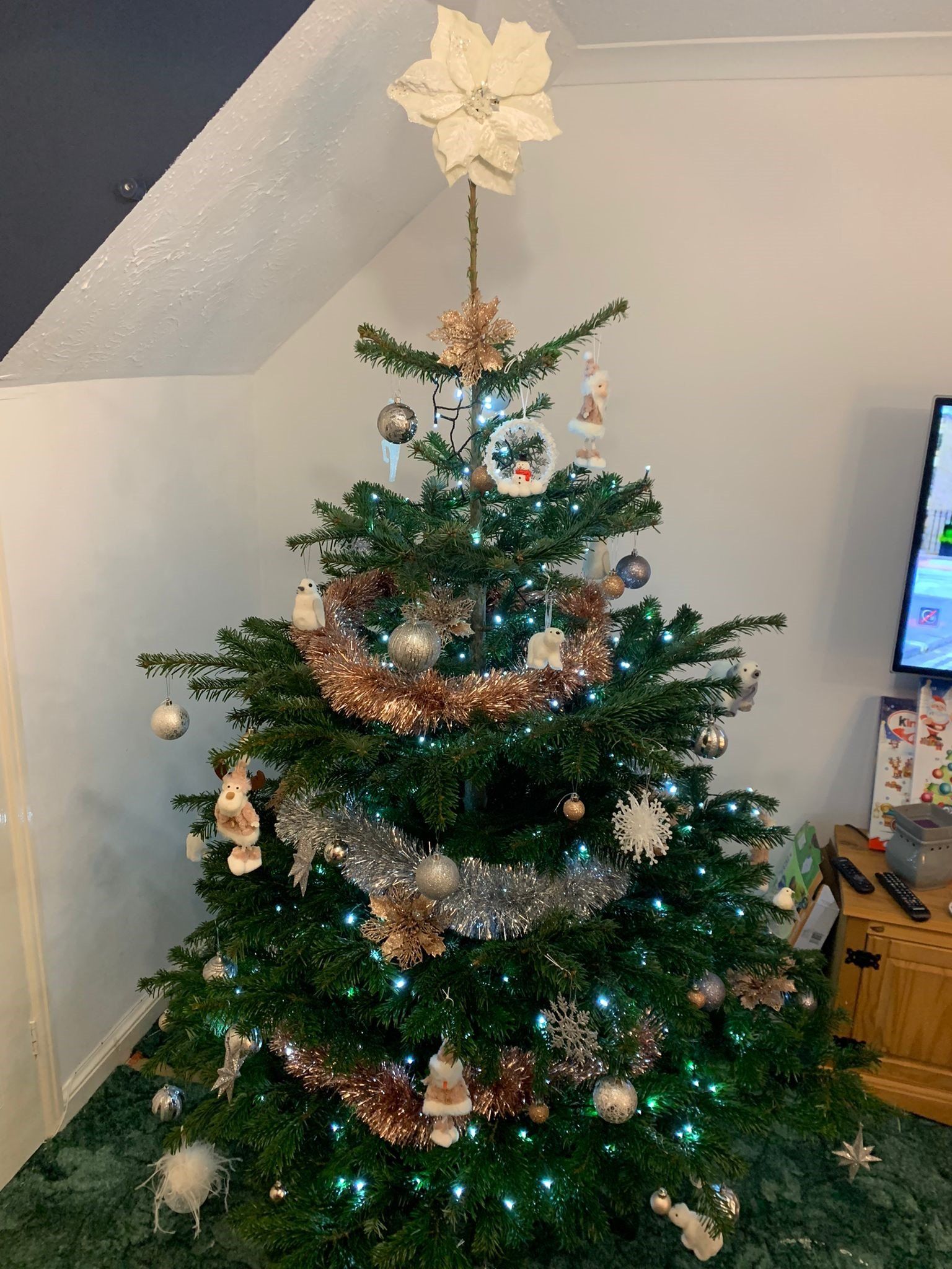 Christmas tree decorated with ornaments, tinsel, and a star topper, in a corner of a room.