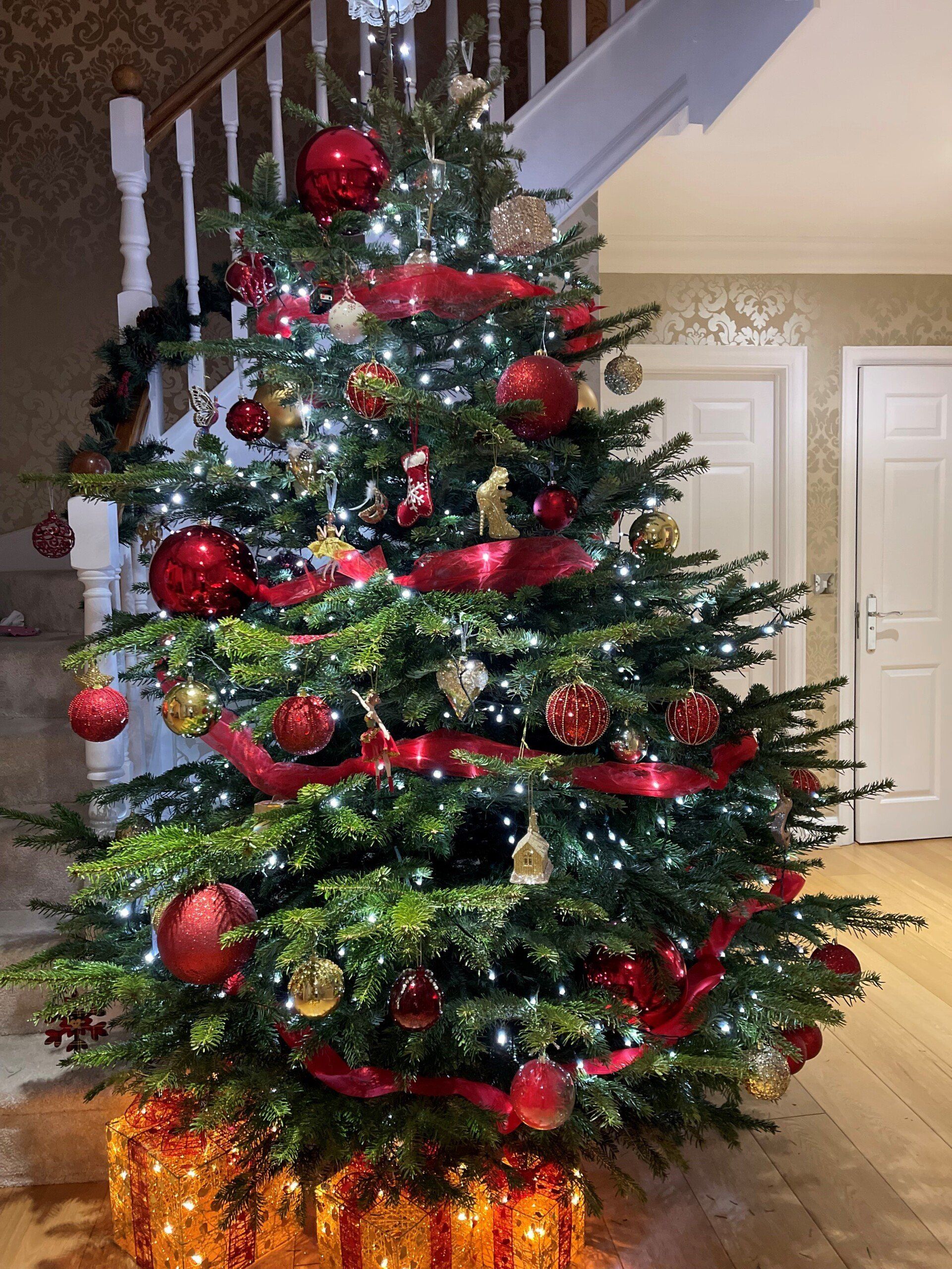 Christmas tree decorated with red ornaments, lights, and ribbon, near a staircase and wooden floor.