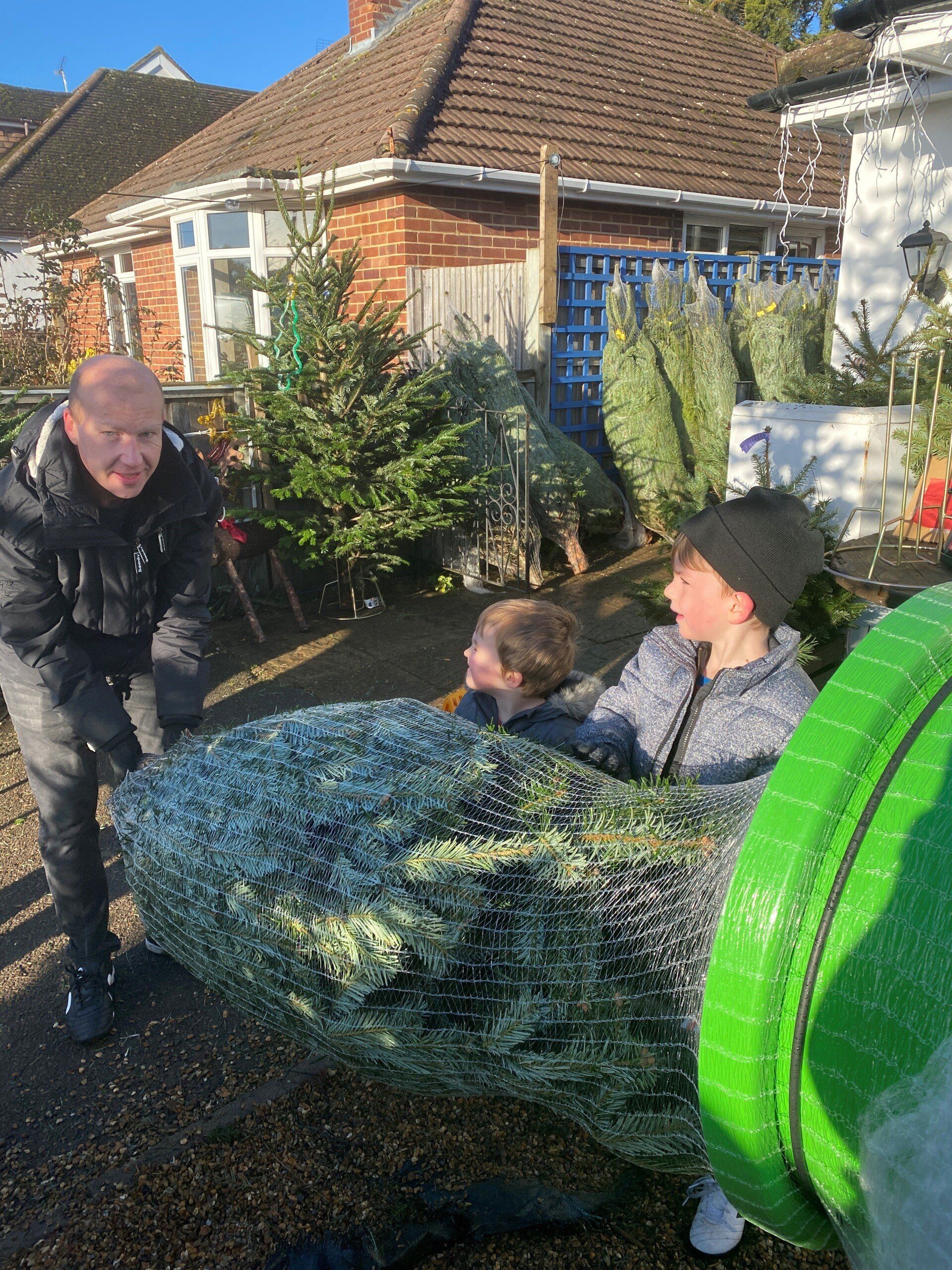 Man and two children handling a large, netted Christmas tree outdoors in front of houses.