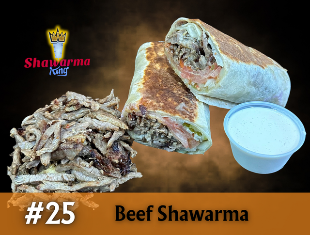 A picture of a beef shawarma next to a bowl of ranch dressing.