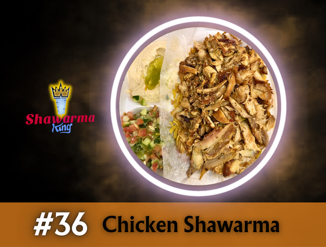 A plate of chicken shawarma with rice and vegetables.
