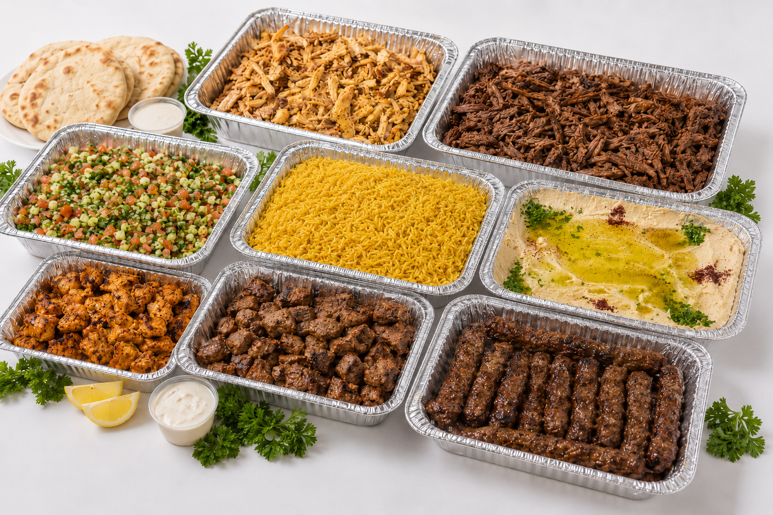 Assorted Middle Eastern dishes in foil trays, with bread, rice, grilled meats, dips, and herbs on a white table