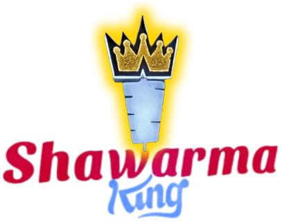 Logo: Shawarma King. Cartoonish meat skewer with gold crown, red 
