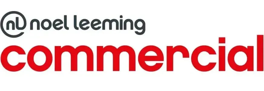 The logo for noel leeming commercial is red and black.