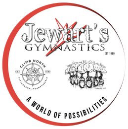 Logo for Jewart's Gymnastics. Red circle frame, text, compass, stick figure gymnasts, and tagline