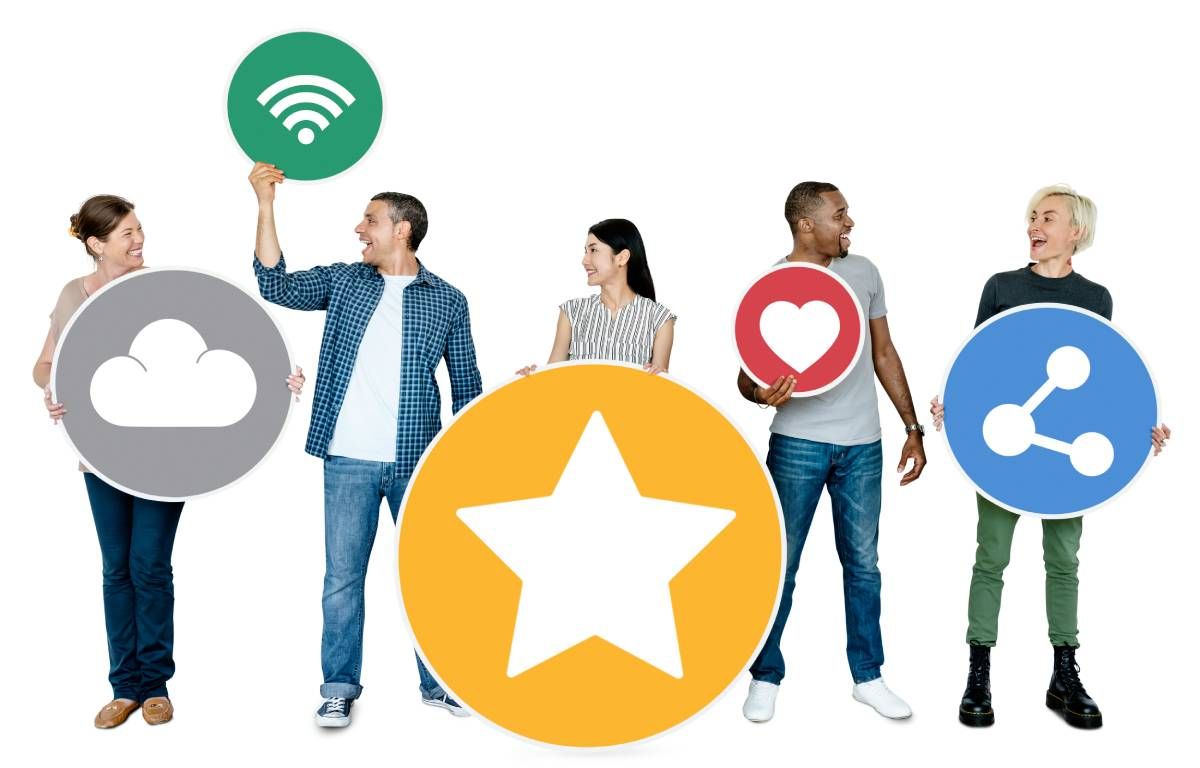 Five people stand in a row against a white background, each holding a colorful icon representing social media concepts.