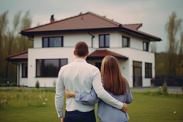 A couple stands arm in arm facing a large modern house with a red roof and lawn.