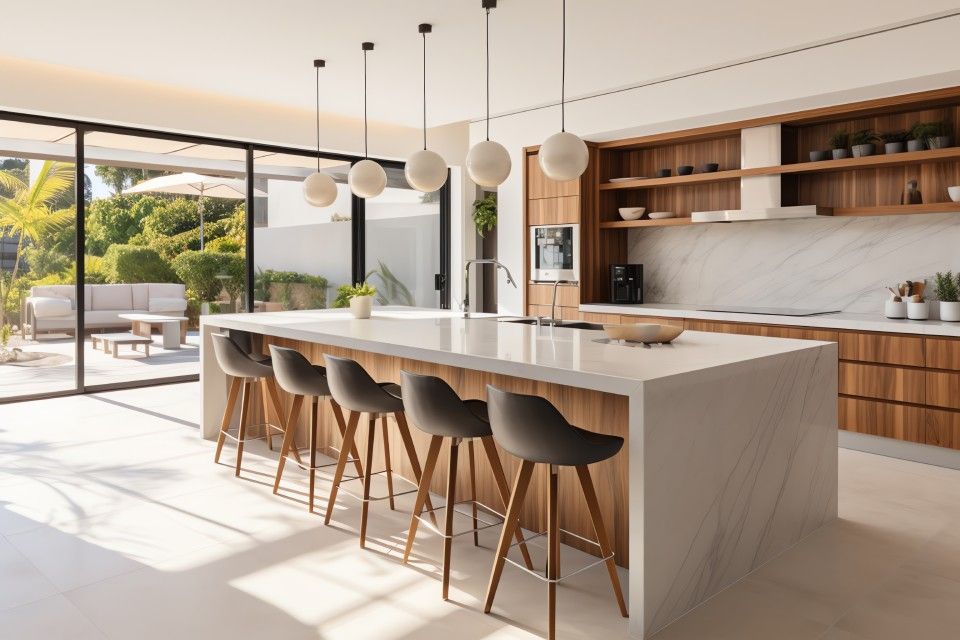 Modern open-plan kitchen with island, bar stools, wood cabinetry, and sliding doors to a bright patio