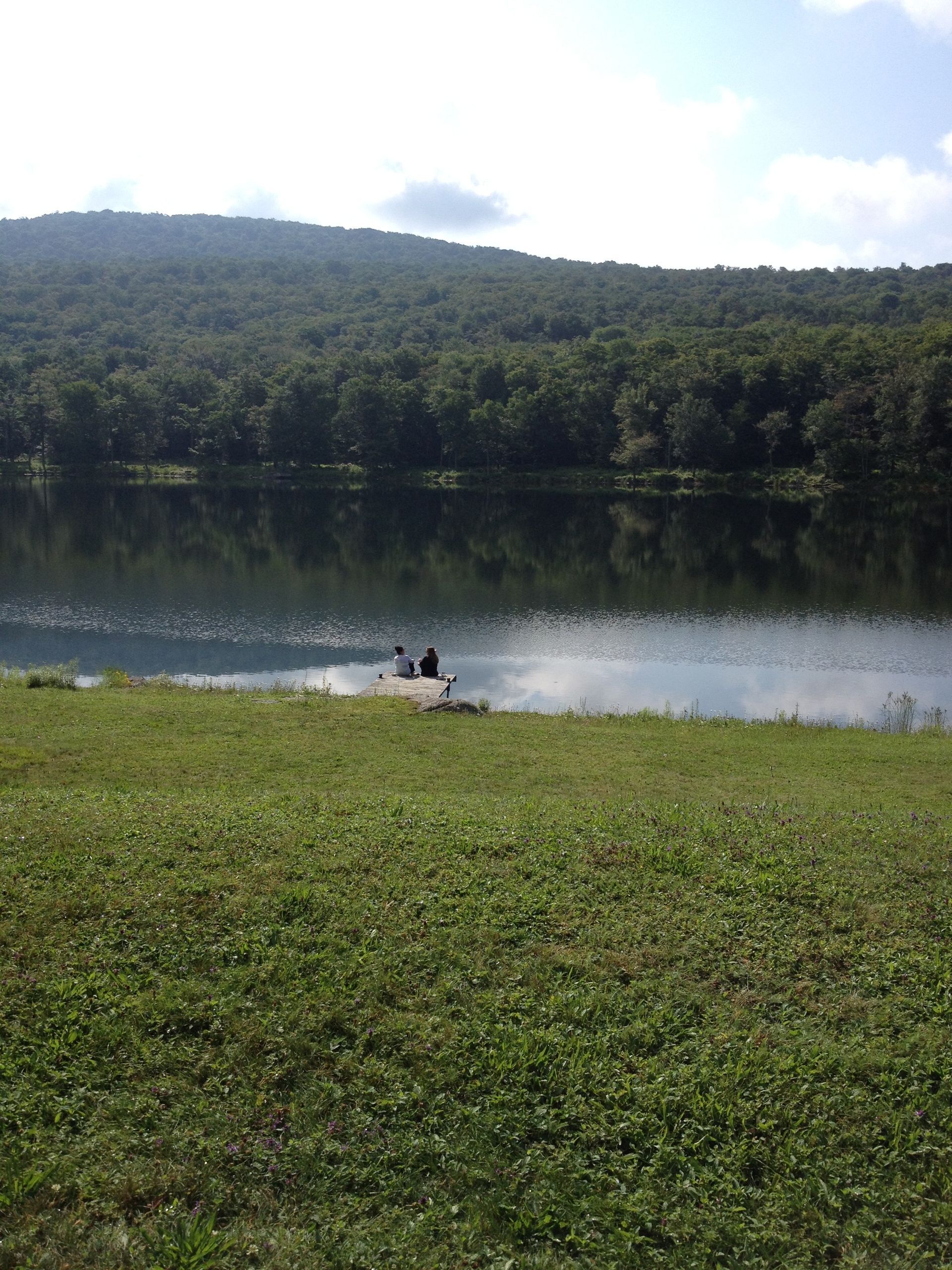 Lake surrounded by green grass and trees, two figures sitting on dock under cloudy sky.