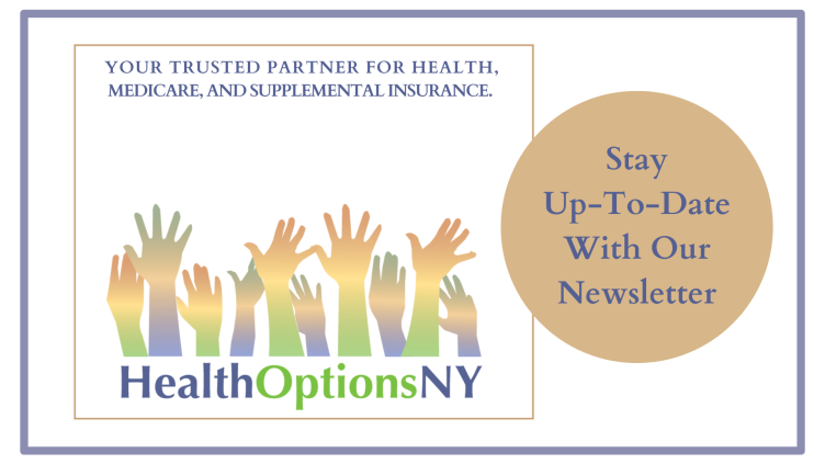 HealthOptionsNY logo with raised hands and a gold circle reading “Stay Up-To-Date With Our Newsletter.”