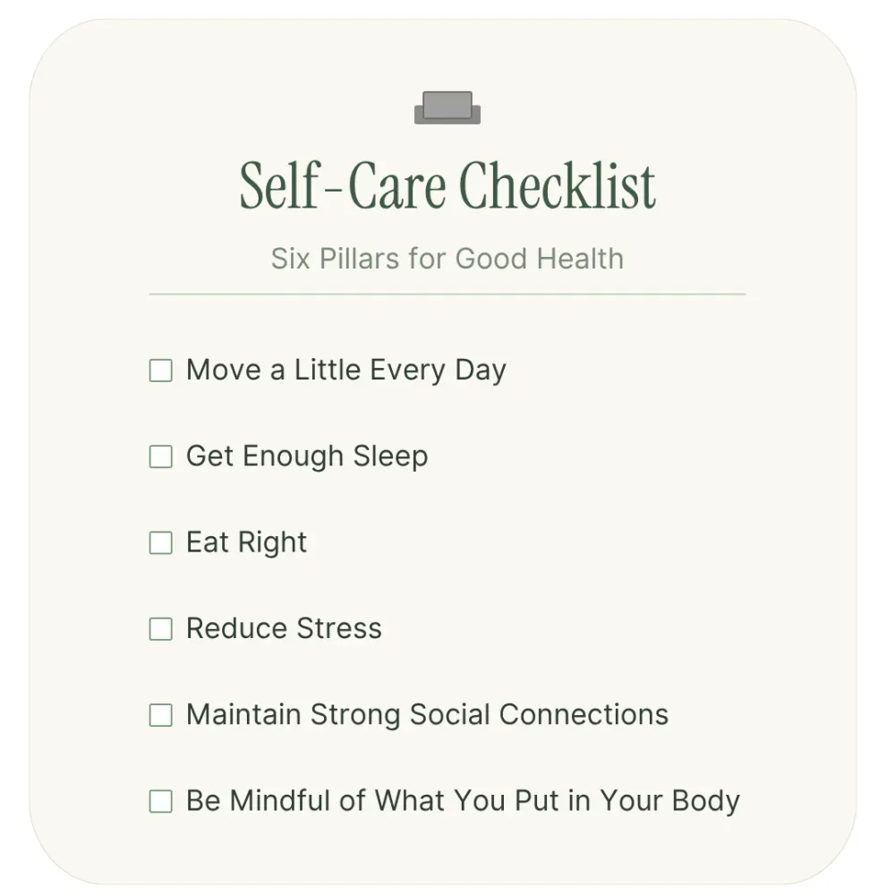 Self-care checklist poster with six pillars for good health on a beige background