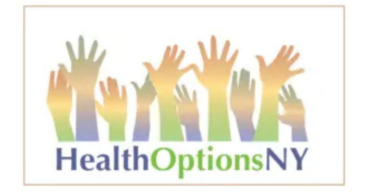 HealthOptionsNY logo with multicolored raised hands above blue and green text