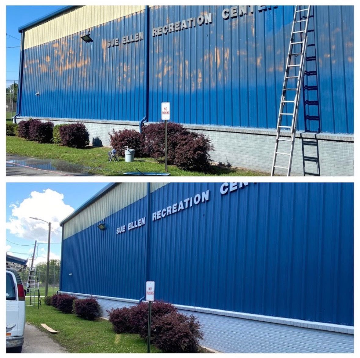 Commercial building exterior painting before and after — recreation center repaint by Davis Painting, Mississippi Gulf Coast