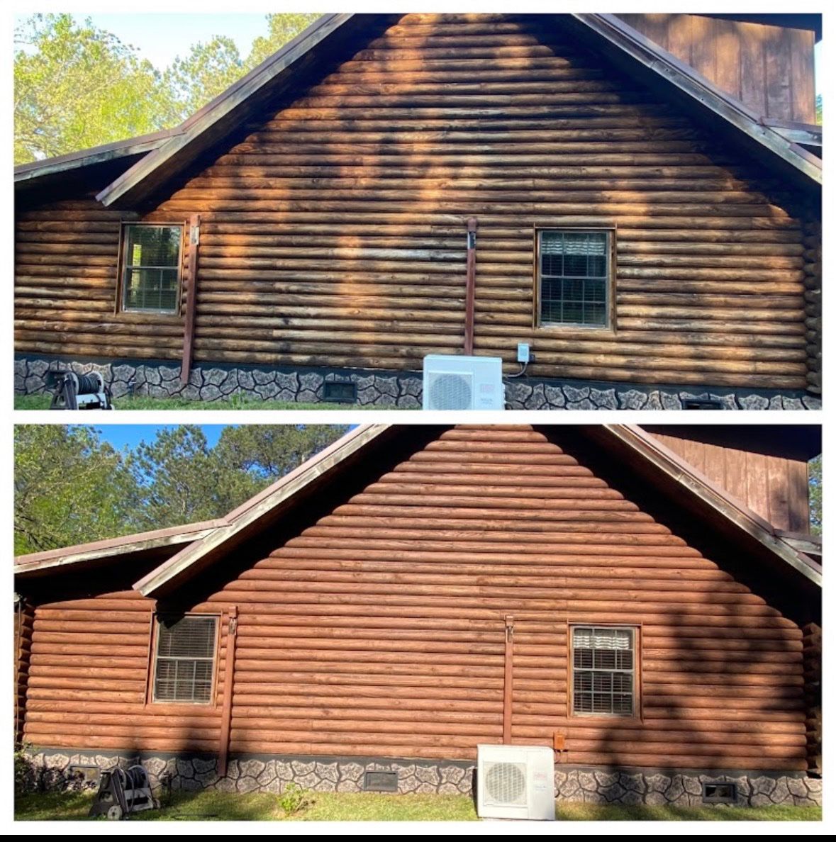 Log cabin staining and refinishing before and after by Davis Painting, Mississippi Gulf Coast