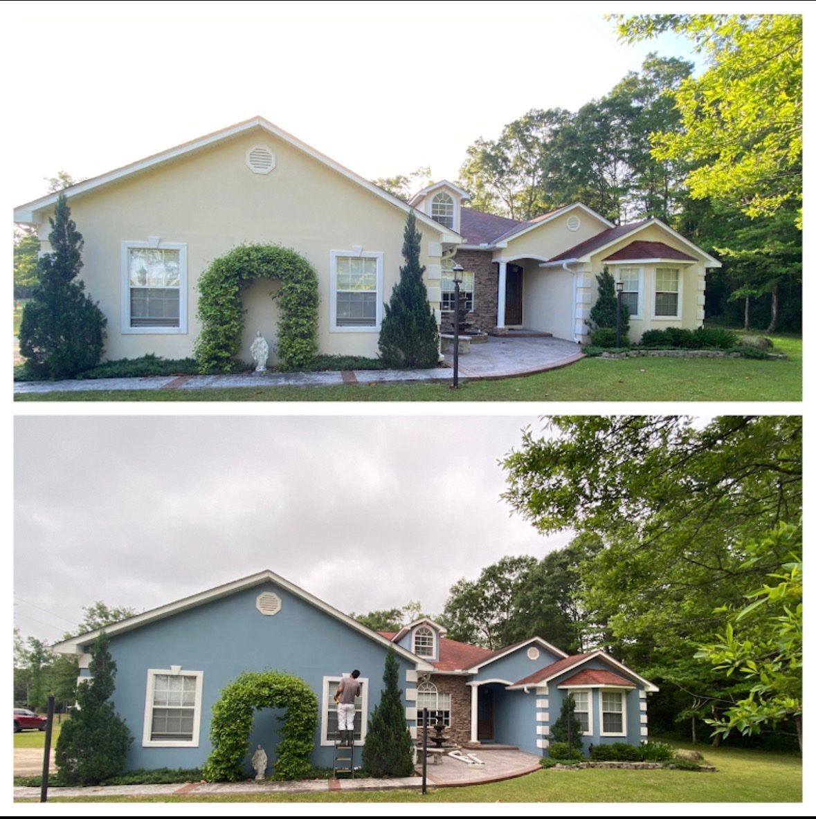 Stucco house exterior repaint before and after by Davis Painting, Ocean Springs MS