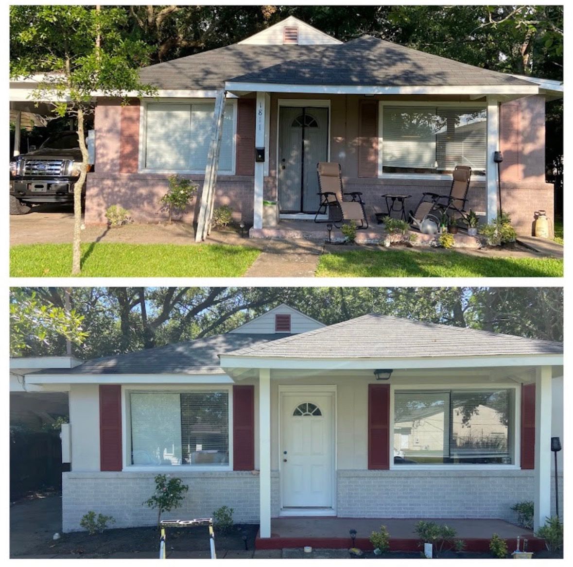 Cottage exterior house painting before and after by Davis Painting, Mississippi Gulf Coast