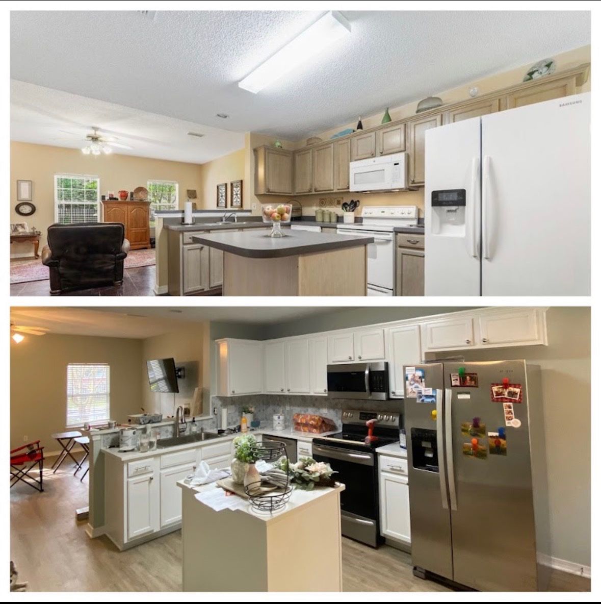 Kitchen cabinet refinishing white cabinets before and after by Davis Painting, Ocean Springs MS